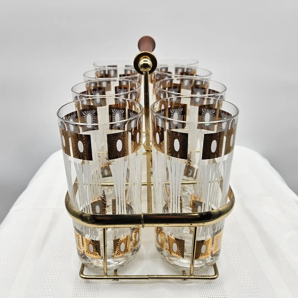 Set of 8 MCM Fred Press Frosted 22Kt Trim High Ball Glasses in‎ a Brass Caddy